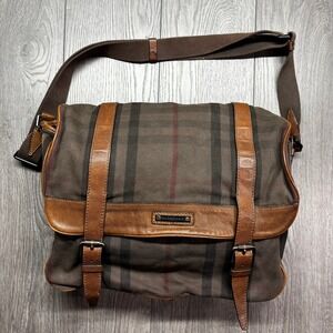 Burberry Brown Check Canvas Messenger Bag Leather Trim Crossbody Satchel